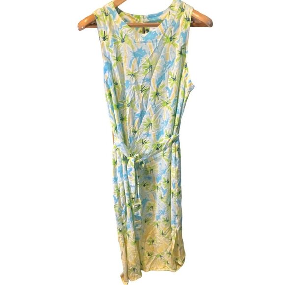 Crown & Ivy Blue Yellow Sleeveless Belted Sheath Long Maxi Dress Sz L - Picture 1 of 8